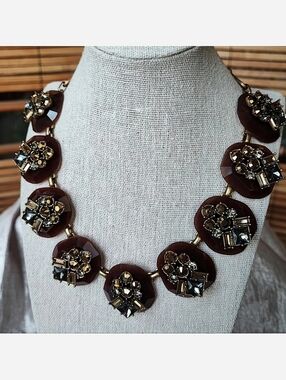 J. Crew Caramel Rhinestone Baguette Square Cut Statement Necklace Brown Smoke